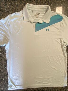 Under Armour Men’s White Polo with Teal Diagonal Stripe